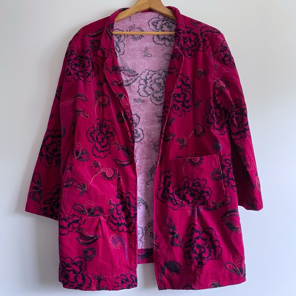 Home Sewn Fuchsia Floral Corduroy Open Front Jacket
